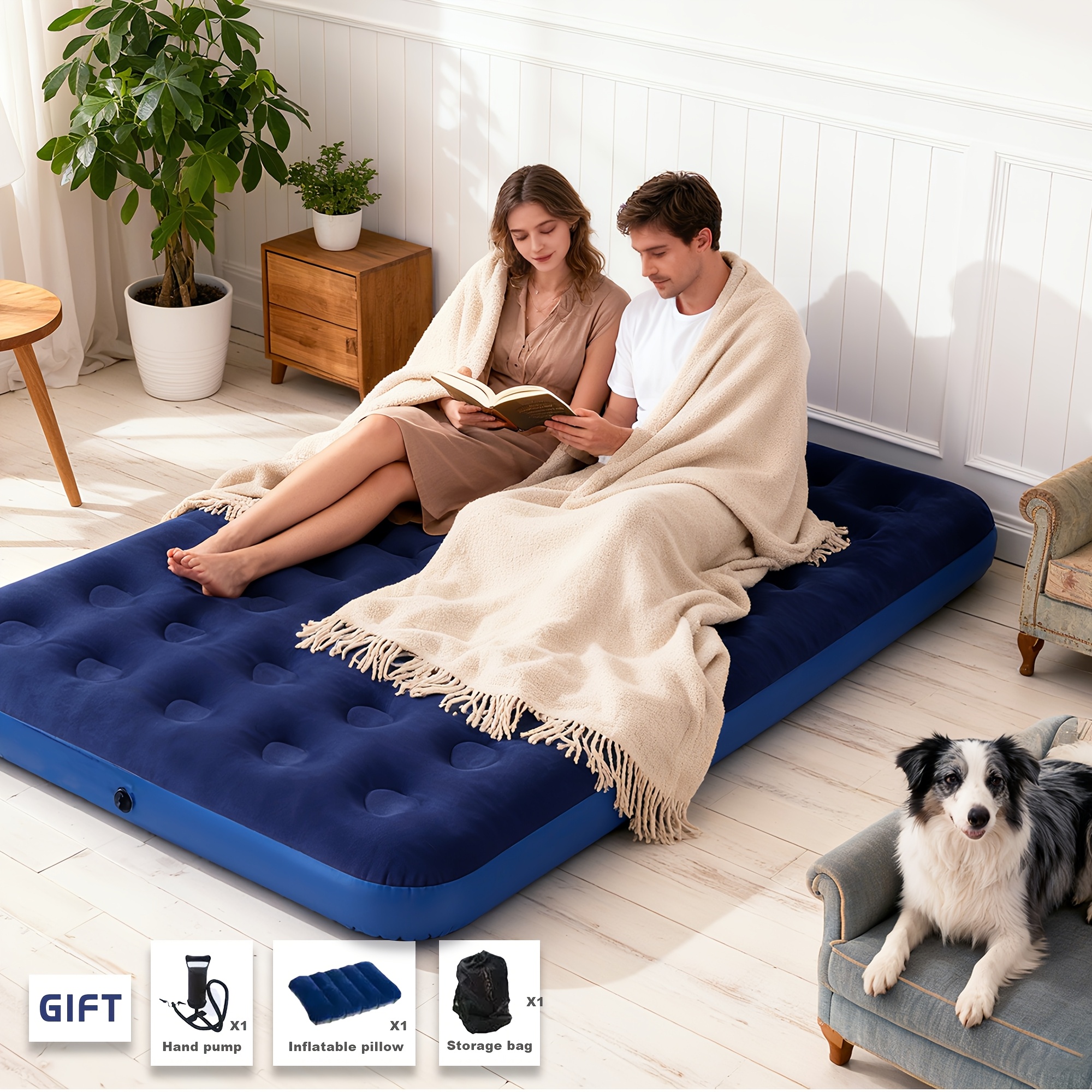 TEMU Cama Inflable Azul, Práctica, Duradera y Plegable. de Material , con Bomba de , Almohada Inflable, Parche de Reparación y Bolsa de