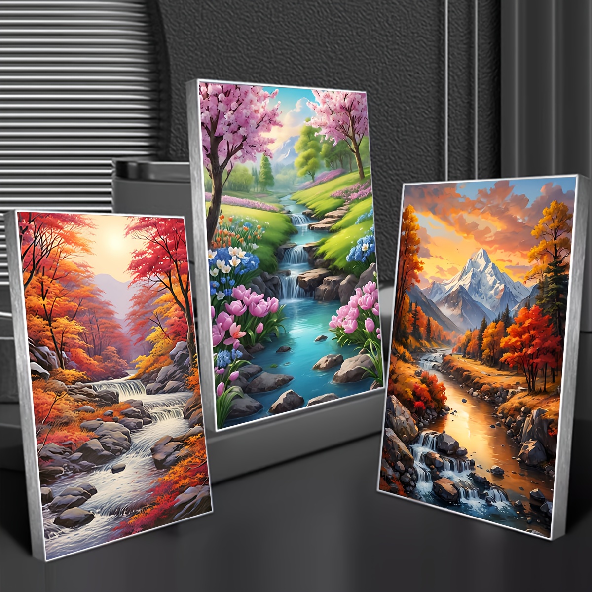 Image of 3pcs Diy Diamond Painting Kits - Autumn Landscape, Waterfall & Scenes With Round Diamonds, 30x40cm/15.75x11.81in, Vibrant Colors, Detailed Nature Art For Home Wall Decor, Textured Artwork