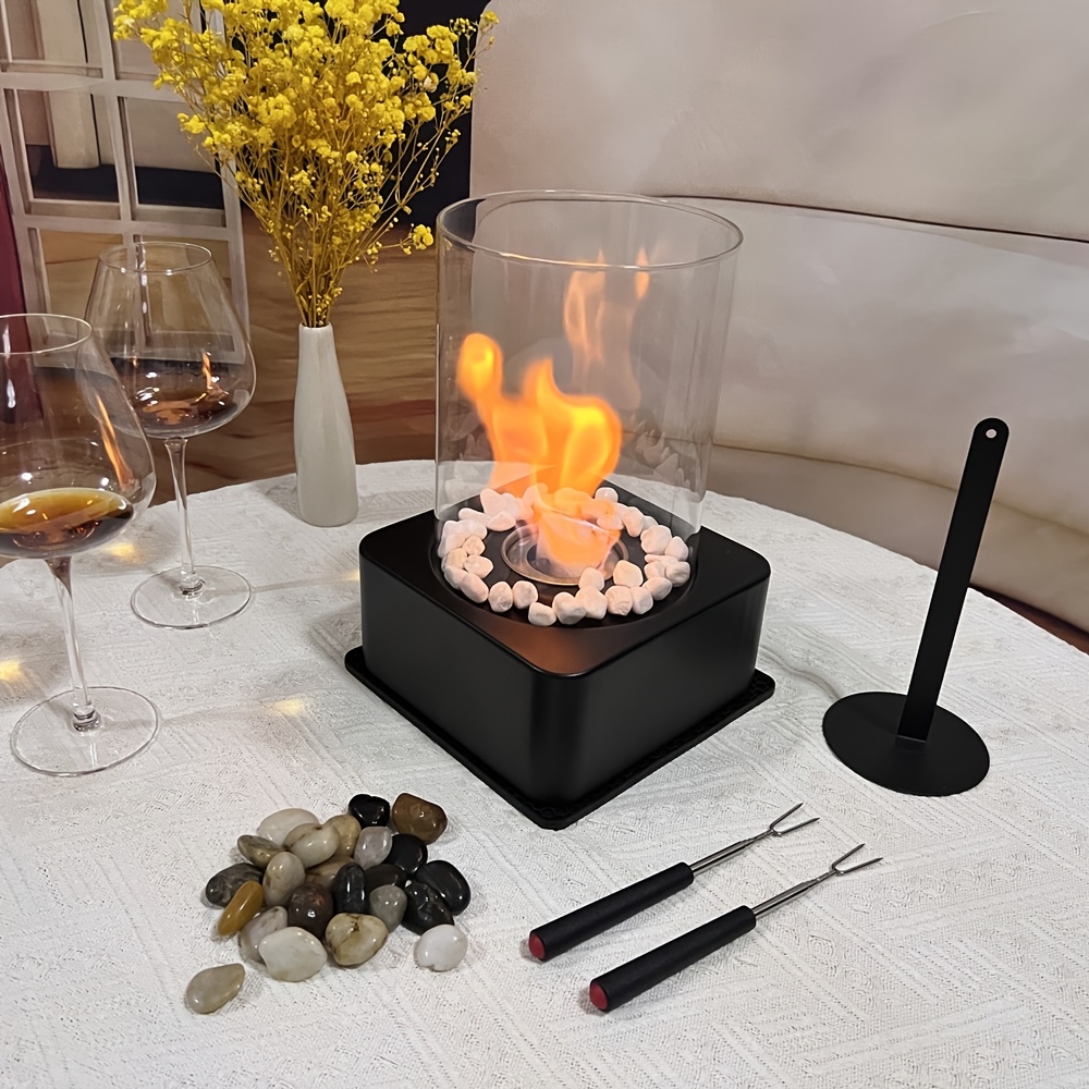 contemporary metal bioethanol fire pit portable tabletop alcohol fireplace with 2 stone options   base mat gloves for indoor outdoor use details 1