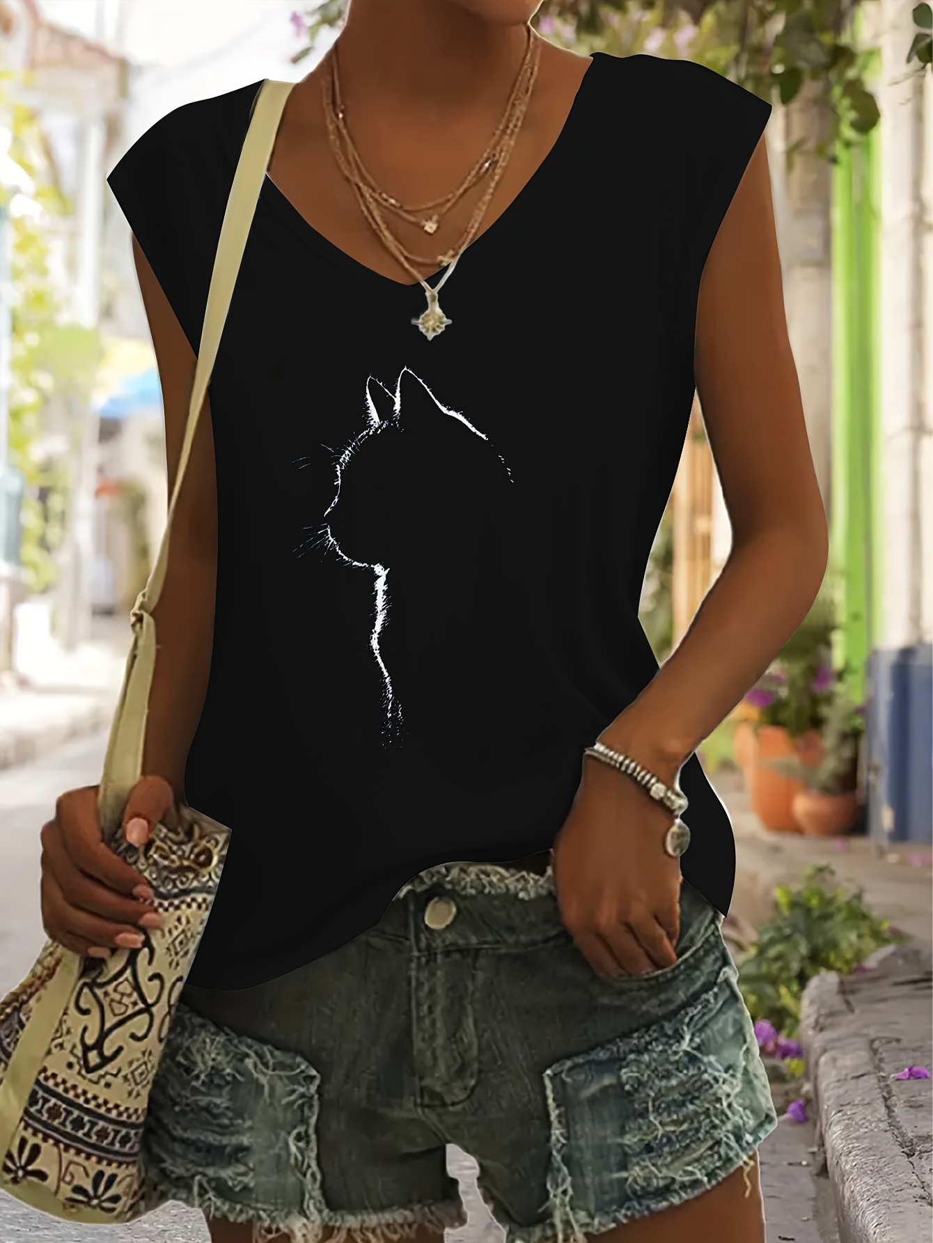 Cat Print Cap Sleeve T-shirt, Casual V Neck Top For Summer & Spring, Women's Clothing