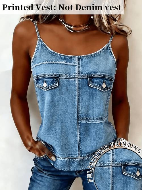 printed vest not denim vest casual fashion imitation denim printed off shoulder camisole tank top suitable for spring elegant daily wear parties music festivals and more