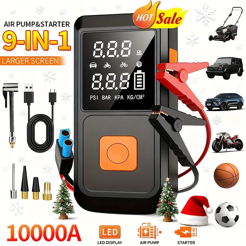 TEMU -10000a Emergency Jump Starter Power Supply With Air Pump, 9-in-1 Function, 12v Car Battery Charger, 150 Psi Fast Tire Inflator, Led Flashlight,