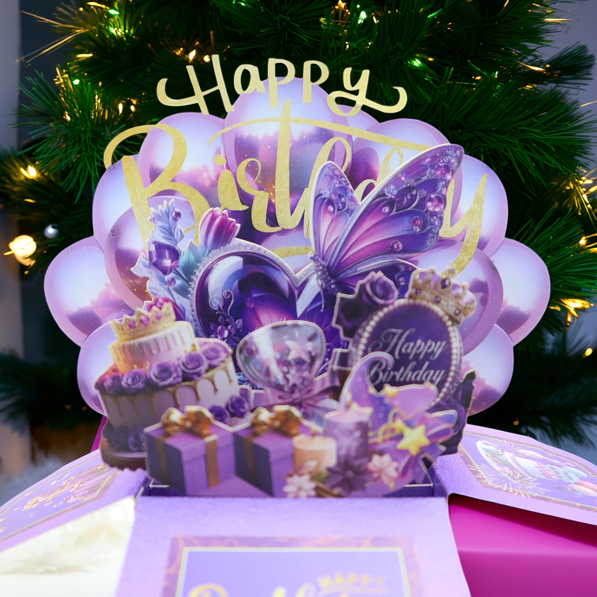 E-shop Träumendes Geburtstagsparty-Motiv 3D Pop-Up Karte | Enorme lila Schmetterling - Stapelbare 3 Geschenkboxen, goldene und silberne Bänder, ein