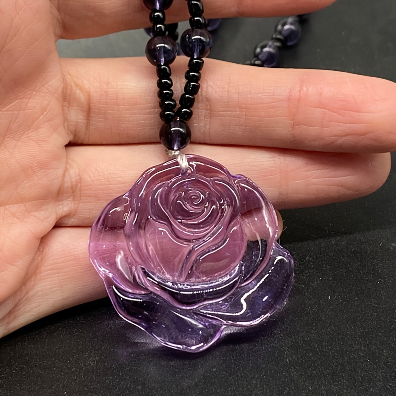 1pc Bohemian Purple Rose Pendant Necklace Translucent Amethyst  Accents, Unisex Ethnic Jewelry for Casual Attire, Holiday Gifts for Couples 