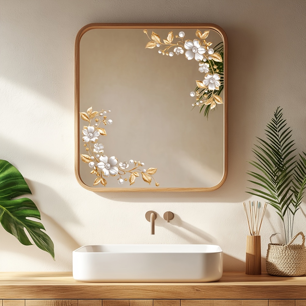 TEMU 1pc Floral Diagonal Tile Glass Sticker, Light Luxury Diagonal Golden Floral Glass Decorative Sticker