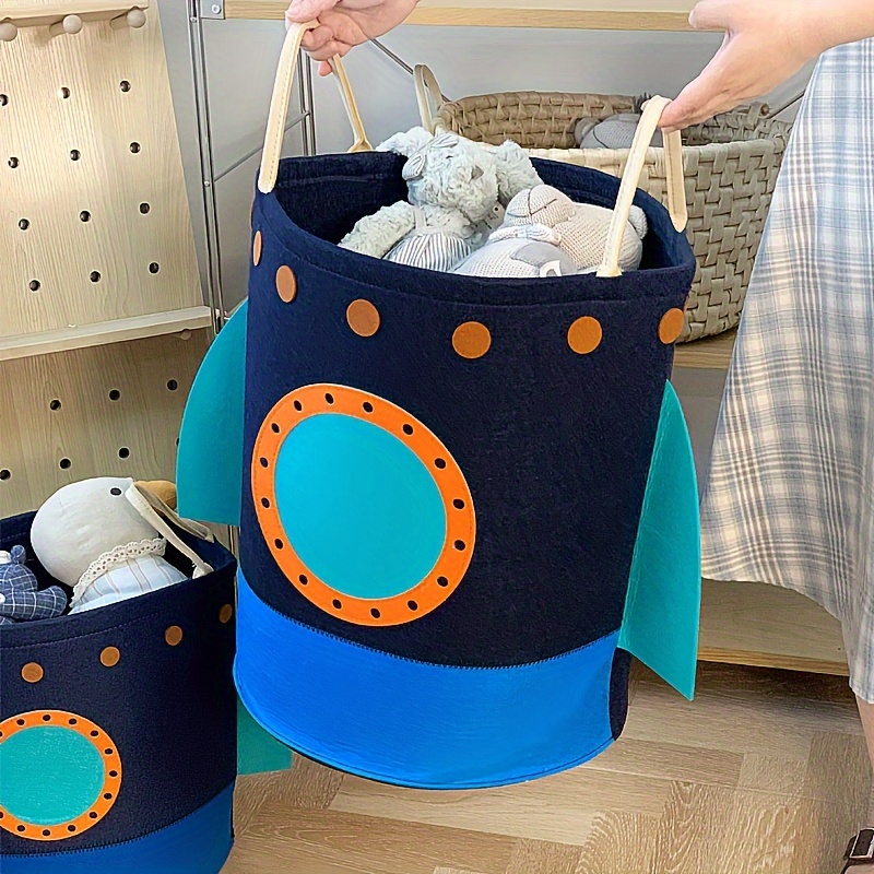 

1pc Space Ship Cartoon Round Storage Bucket 25l/56l Toy Woven Storage Basket Multipurpose Clothes And Toy Organizer For Bedroom & Laundry Room