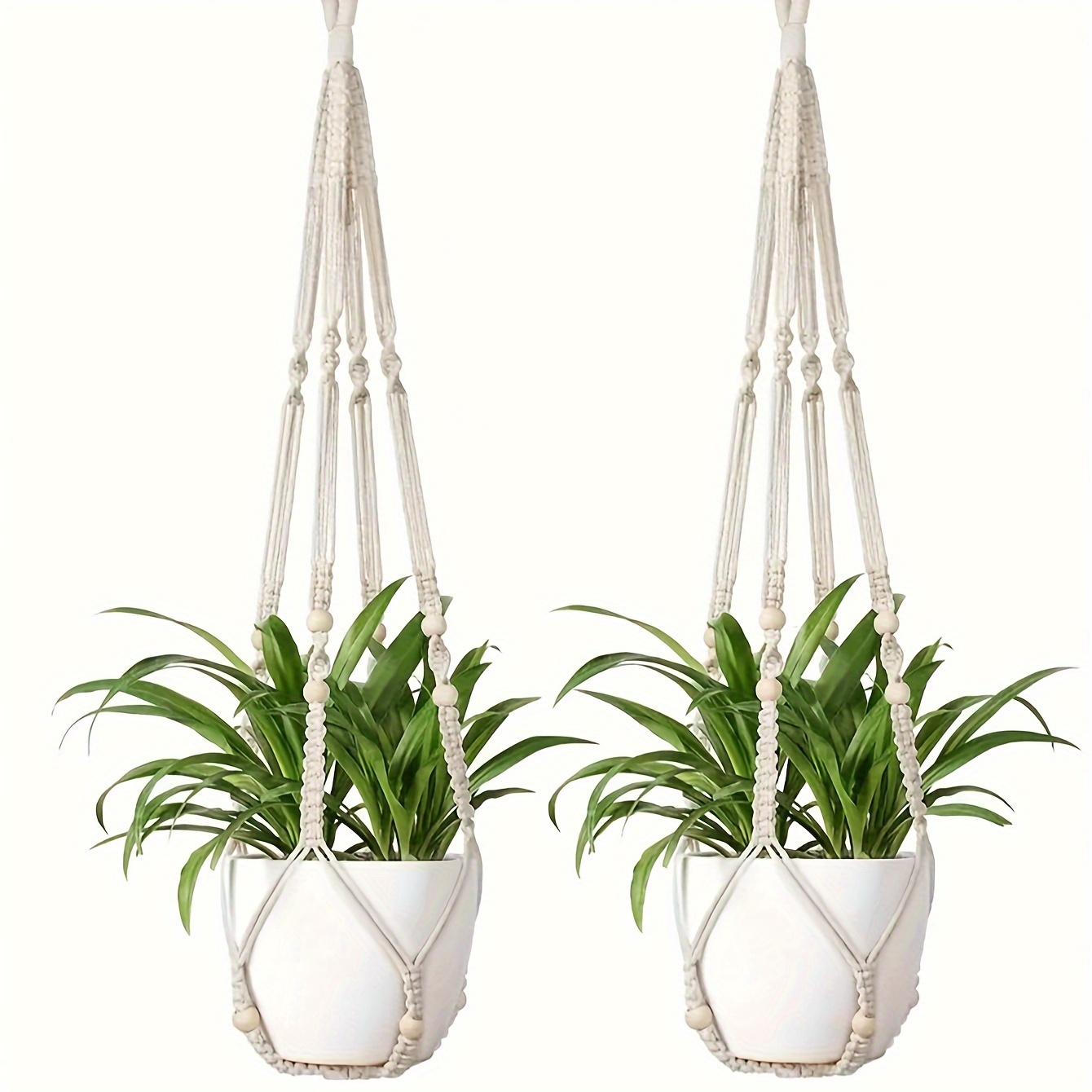 

Boho Style Macrame Plant Hanger With Wooden Beads, 35 Inch, Ivory - Perfect For Indoor Or Outdoor Decor, Suitable For Various Occasions And Festivals