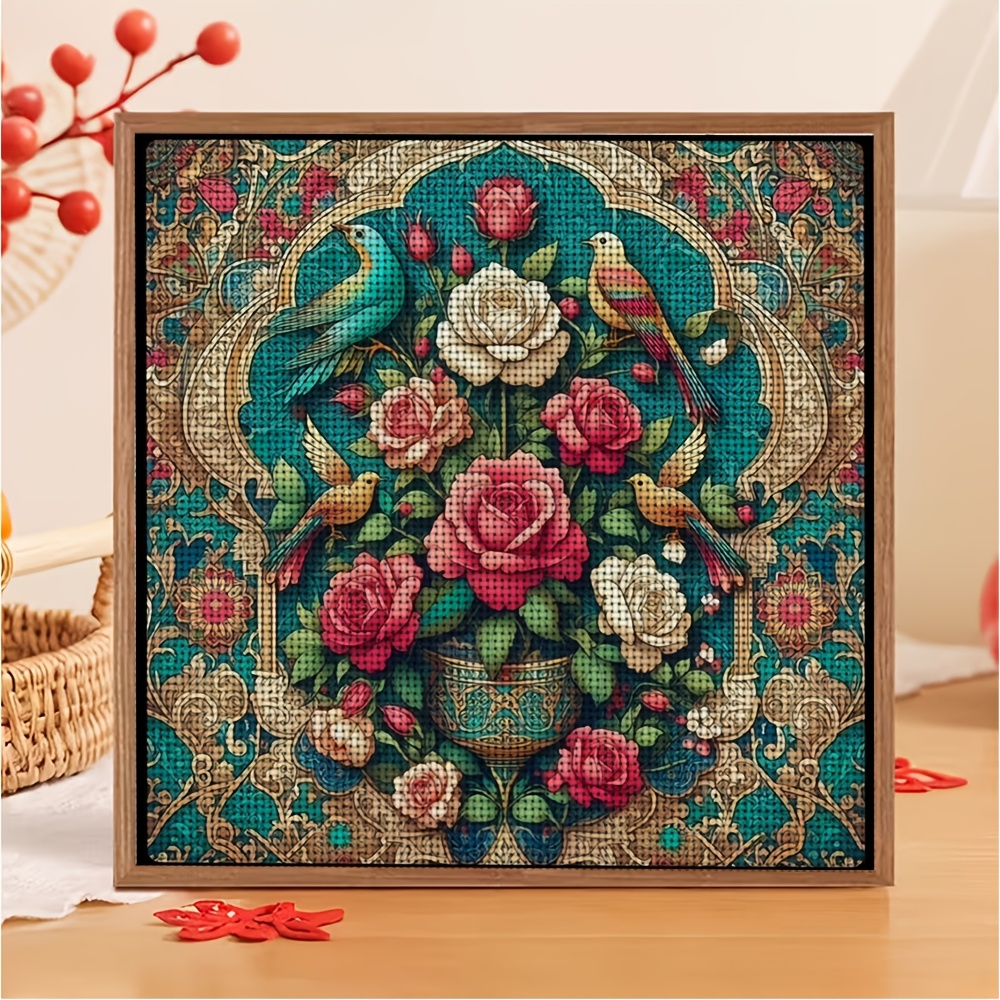 Style Vase with Roses and Colorful Birds Pattern Cross-Stitch Kit