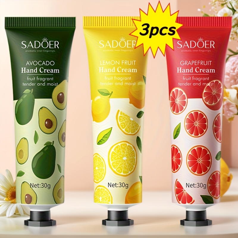 Image of 3pcs Lemon, Grapefruit, Avocado Hand Cream, Set Of 3, Used For Hand Moisturizing, Hydrating, Anti Cracking, Refreshing And Non Greasy, Small Portable Travel Bag