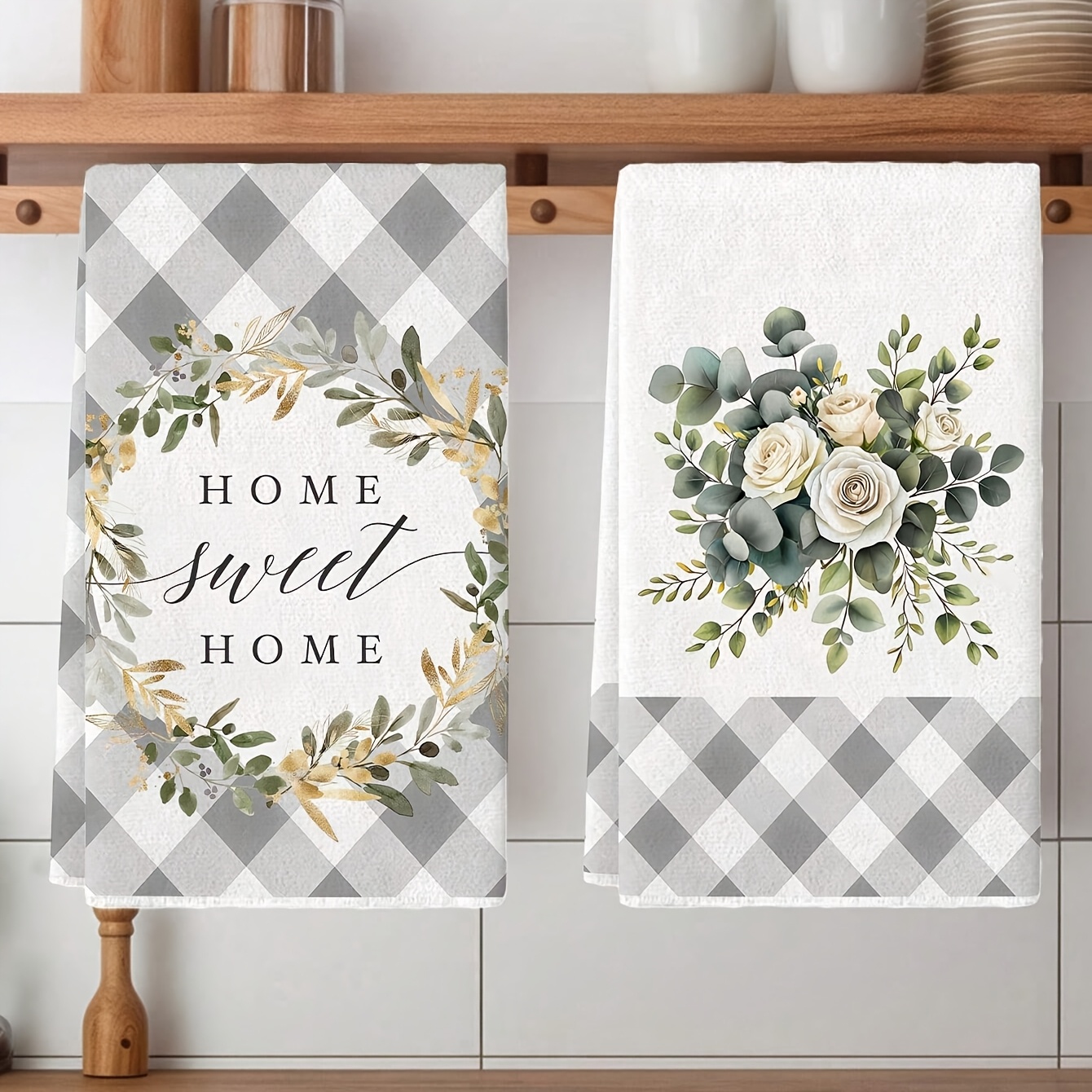 TEMU 2pcs Gray Checked Edge White Rose Pattern Kitchen Towels, Super Absorbent Kitchen Dishcloths, Dish Drying Towels, Cleaning Rags, Machine