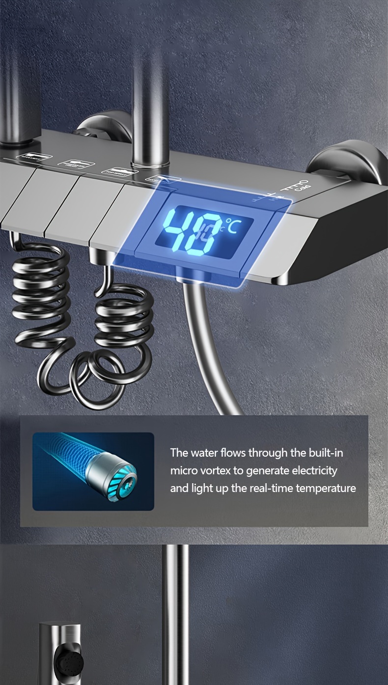 12 inch high pressure shower   with 4 function handheld shower metal and plastic no electricity or battery needed temperature display included details 3