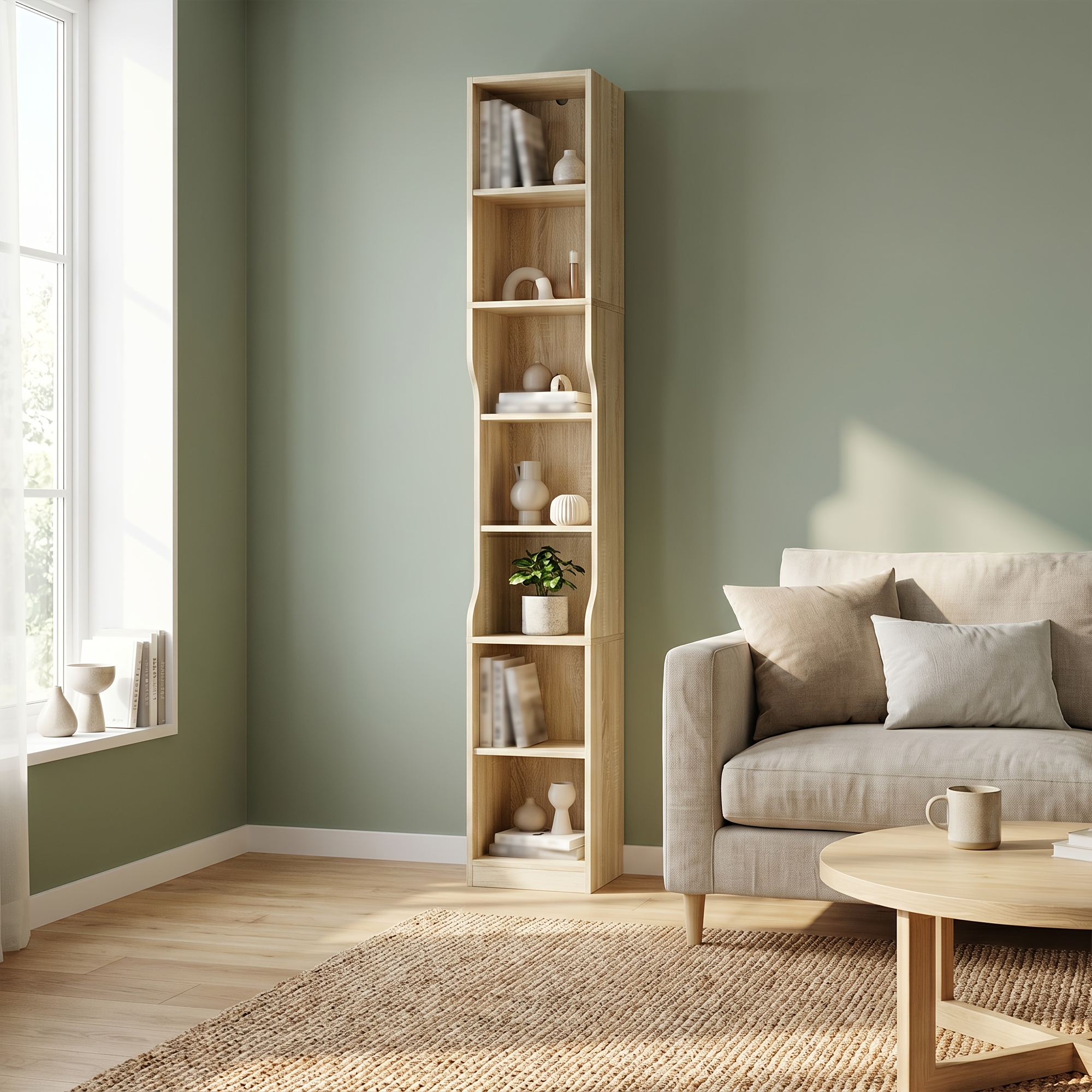 Image of 209cm Tall 7-layer Narrow-size Bookshelf (29×31cm) With Curved Sides For Bump Protection And Stable Prevention. Ideal For Small Apartments, , And Studies