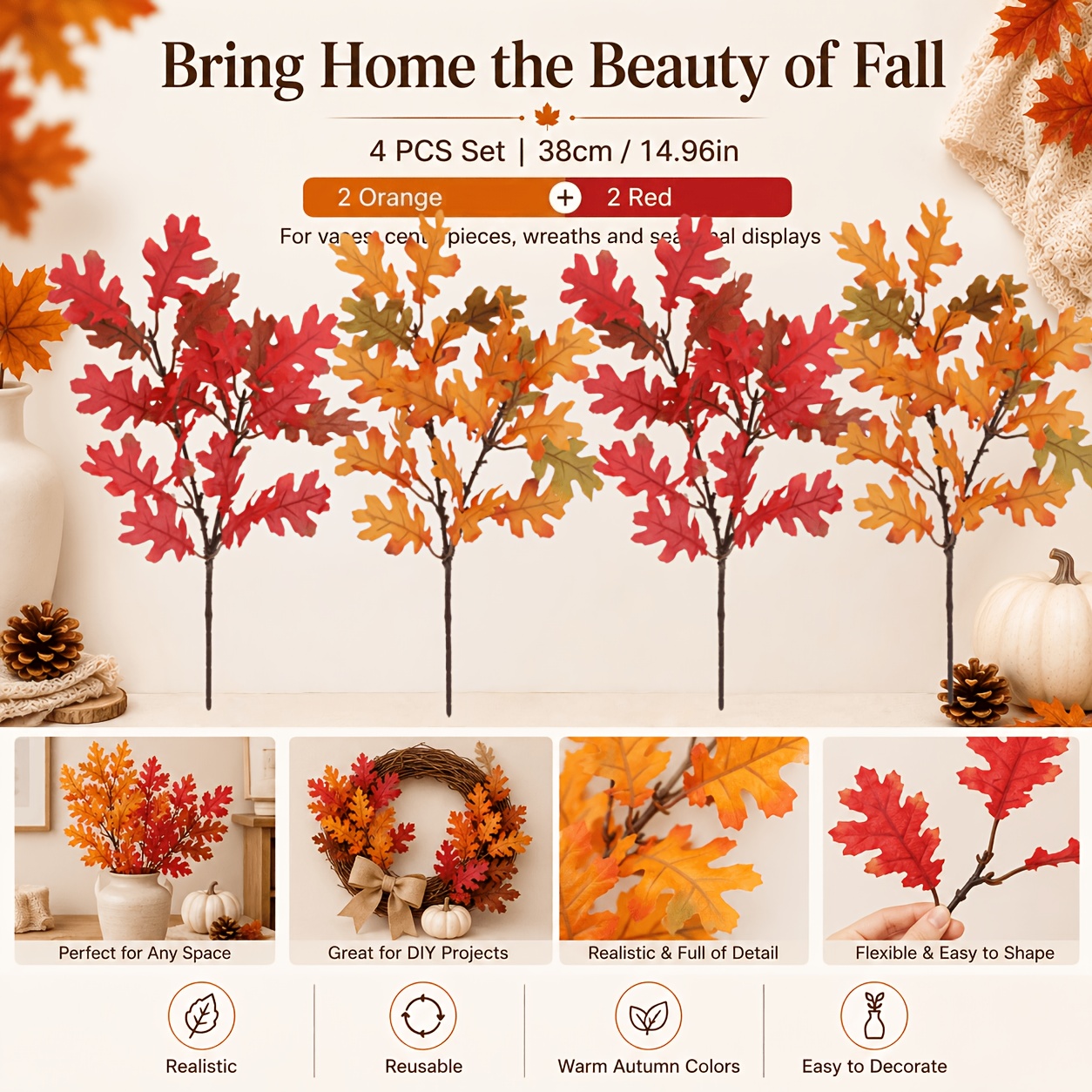 TEMU 4pcs Set - Artificial , Realistic Faux Flowers, Nordic Style Decor. Suitable For Indoor/outdoor Decoration, Room Decor, Home Decor, Bedroom