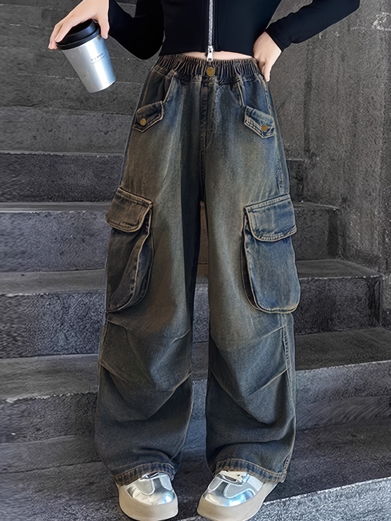 Teens Girls Wide Leg Baggy Jeans – High Elastic Waist Denim Cargo Pants, Y2K Streetwear, Casual Straight Leg Trousers