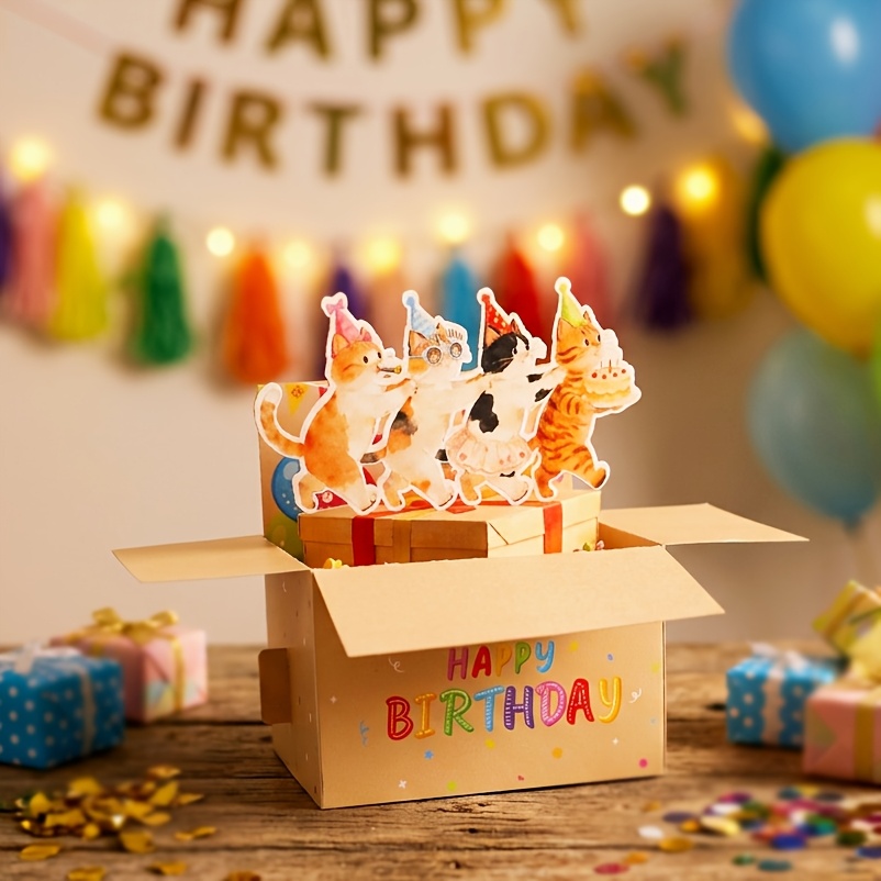 TEMU 1pc -dimensional Pop-up Birthday Card Featuring Adorable Cats - A Box-style Greeting Card Designed For Cat Enthusiasts
