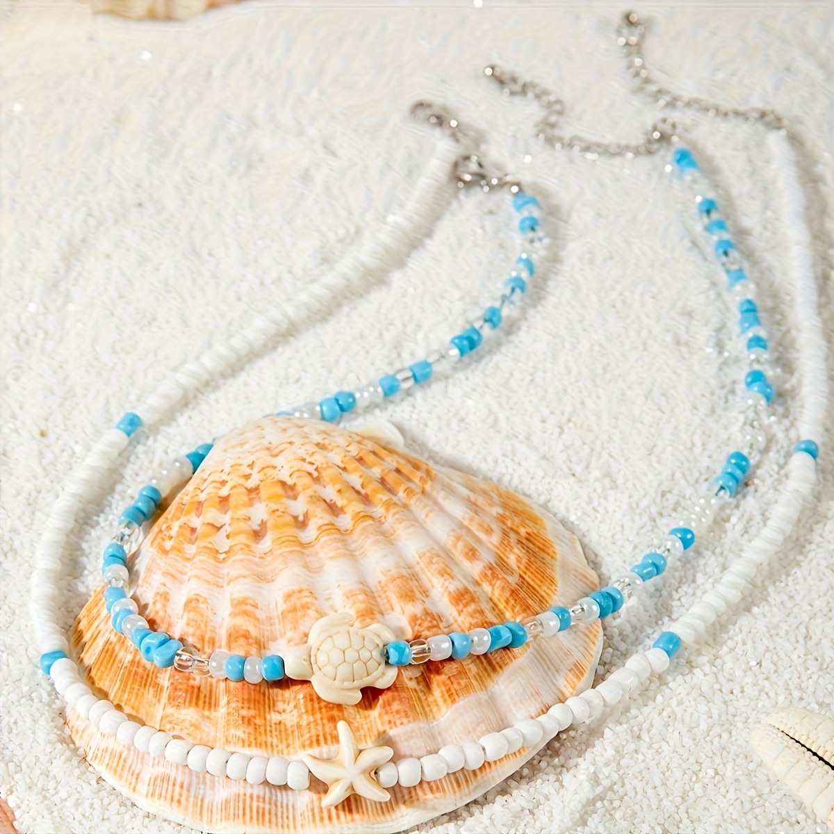 2pcs Boho Beaded Necklace Set with Turtle & Starfish Pendants