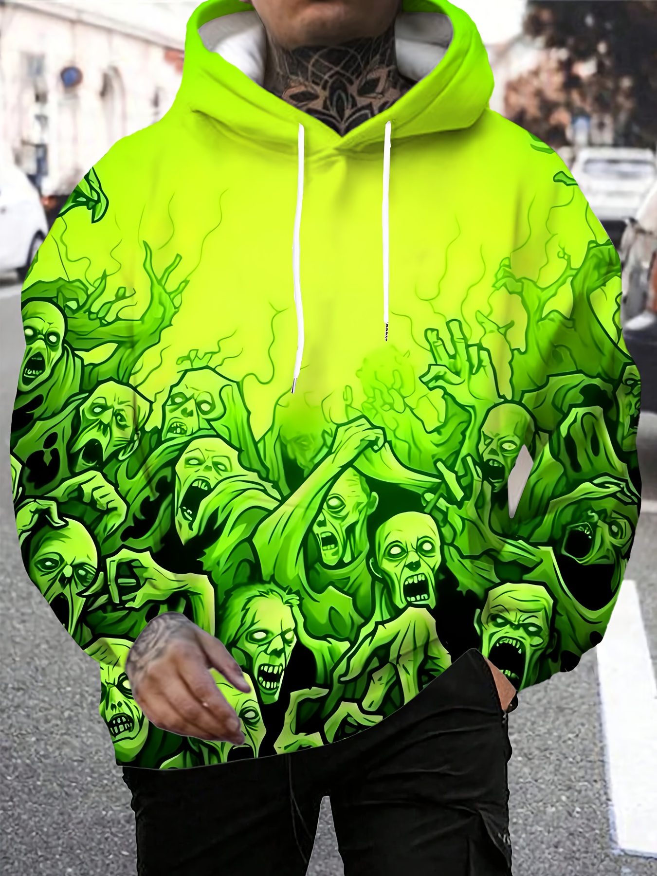 Sudadera con capucha gráfica de calavera punk para hombre Y2K Estampado  3D verde elástico, bolsillo con cordón