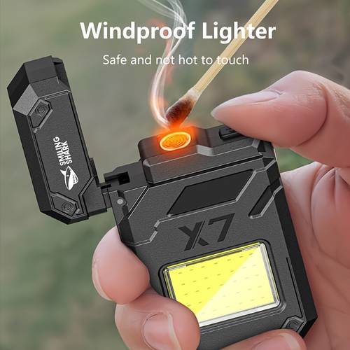1pc 2 in 1 flashlight electronic lighter usb rechargeable cob floodlight with keychain clip battery led torch for camping emergency gifts for fathers husband boyfriend portable modern gadget light