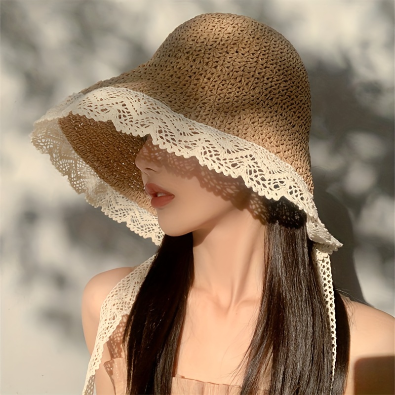 

Women's Summer Sun Hat, Handmade Woven Wide Brim With Lace Trim, Professional Outdoor Beach Hat, Foldable Straw Cap