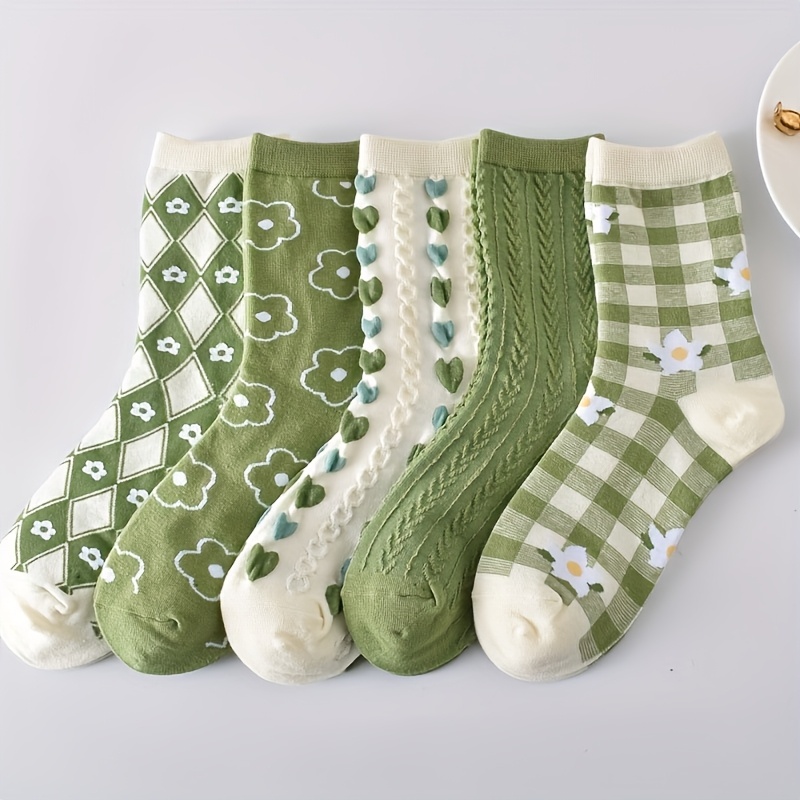 TEMU 5 Pairs Of Women's Mid-tube Socks Spring And Summer Series Cute Floral Pattern Socks