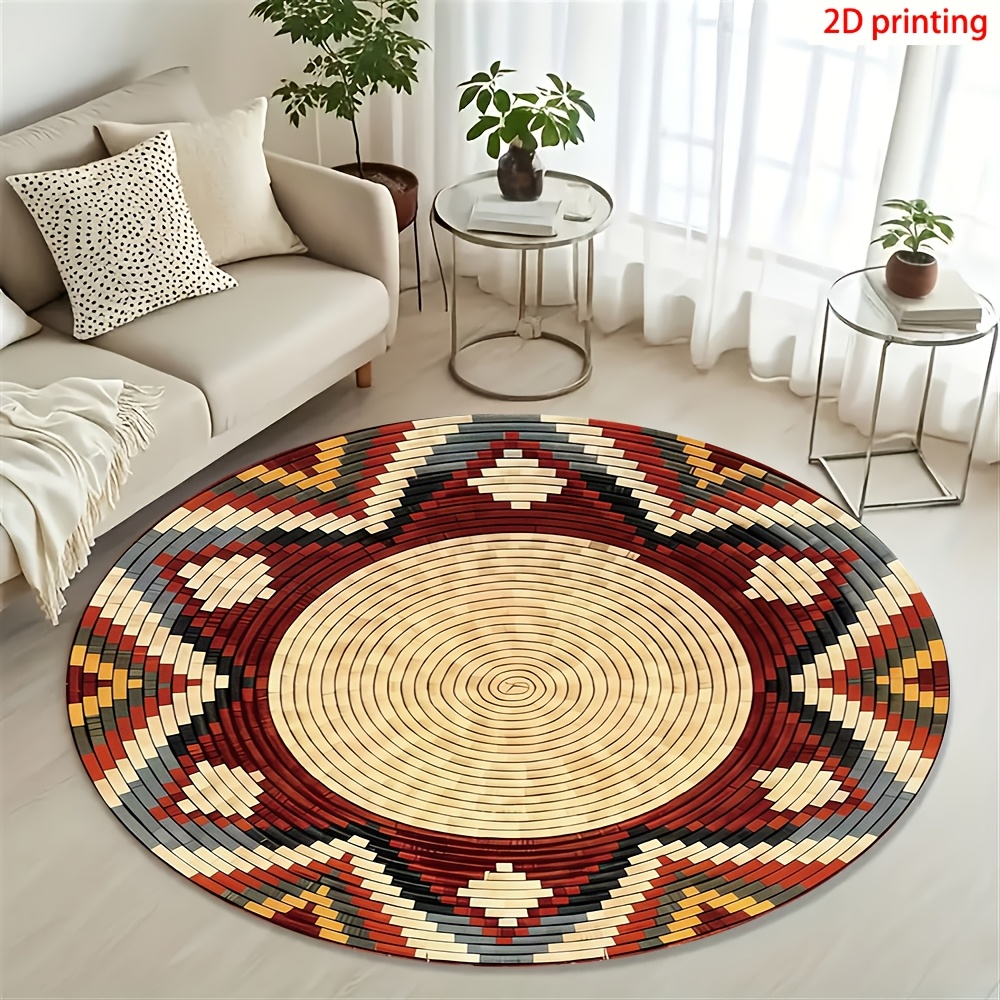 TEMU 1pc Ethnic Style Geometric Pattern Printed Round Rug—made Of High-quality Flannel Fabric, Soft And Washable, Suitable For Kitchens, Bedrooms,