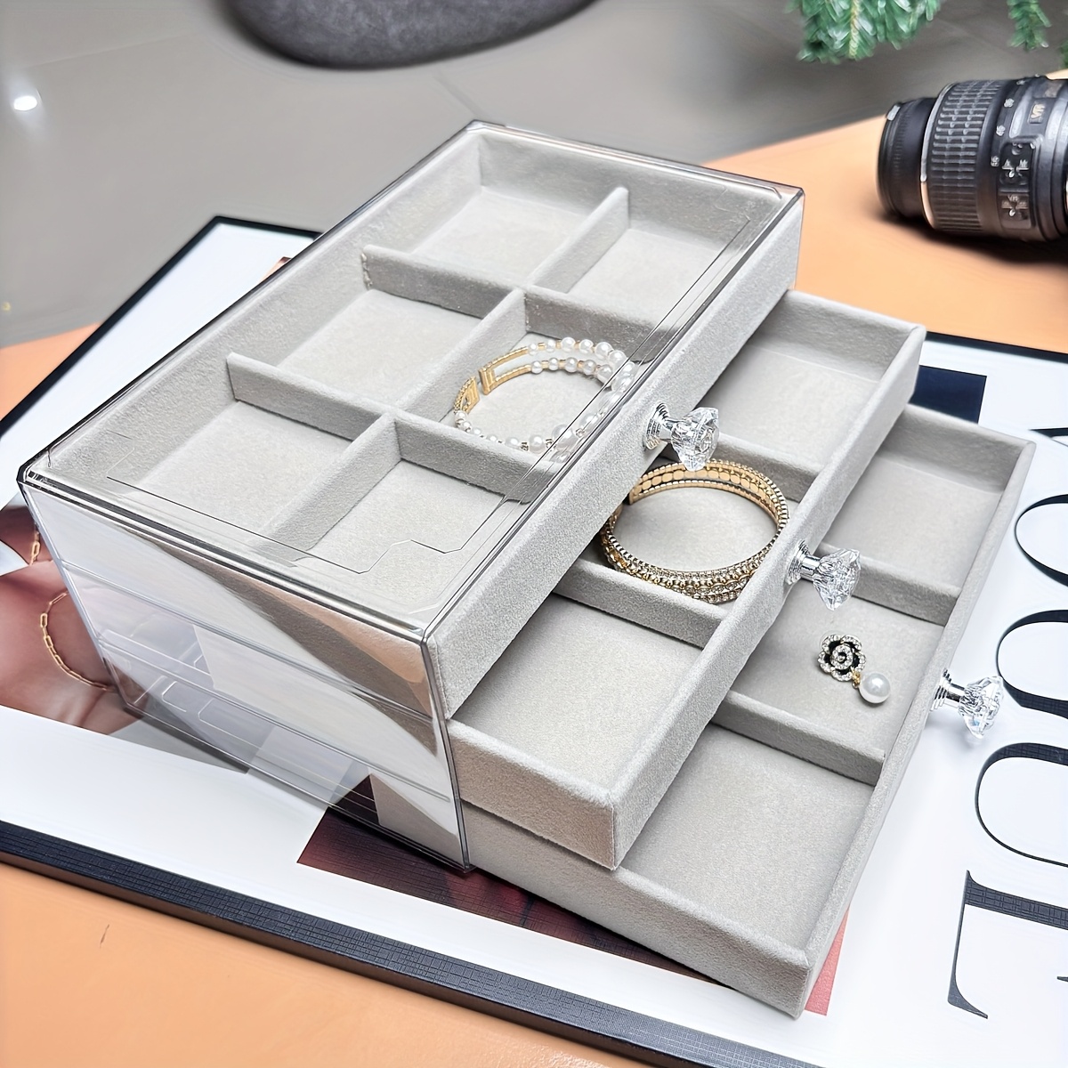   organizer box with beige gray elegant desktop storage case with clear lid multiple compartments slots for rings necklaces bracelets durable plastic construction for   boutique perfect gift for christmas valentines weddings no assembly needed home decor accessory stylish display polished   bridal accessories jewelry boxes Product details 14