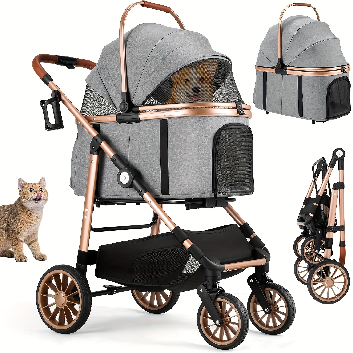 E-shop 4-in-1 Hundewagen, Katzenwagen, 360° Gummiräder mit Vibrationsdämpfung, Hundebuggy bis 25 kg, Transportbox für Haustiere, faltbarer Hundewagen,