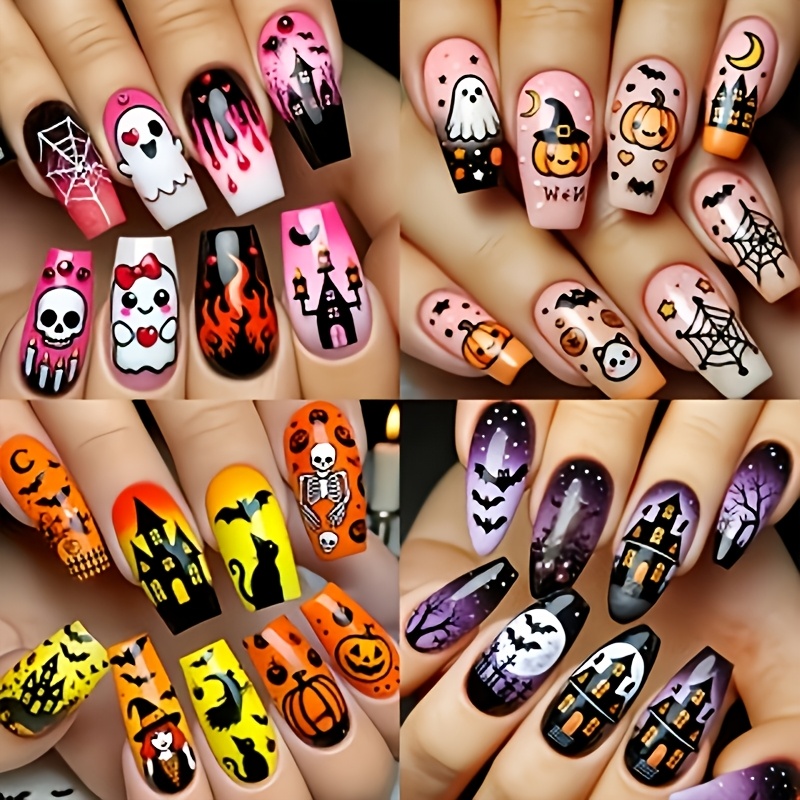 TEMU 96pcs Halloween Themed Fake Nail Set - Medium-length False Nails, New Halloween Pumpkin, Bat,, And Patterns, ,, And Spiderweb Patterns, As Well