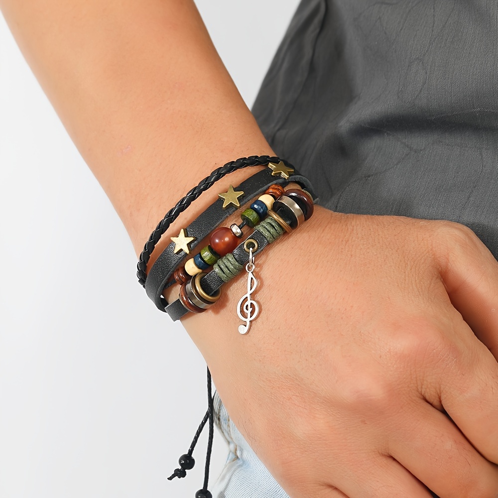 

Bohemian Style Men's Leather Bracelet With Vintage Bead Accents - Perfect Gift , Ethnic, Note Woven, Daily Wearing