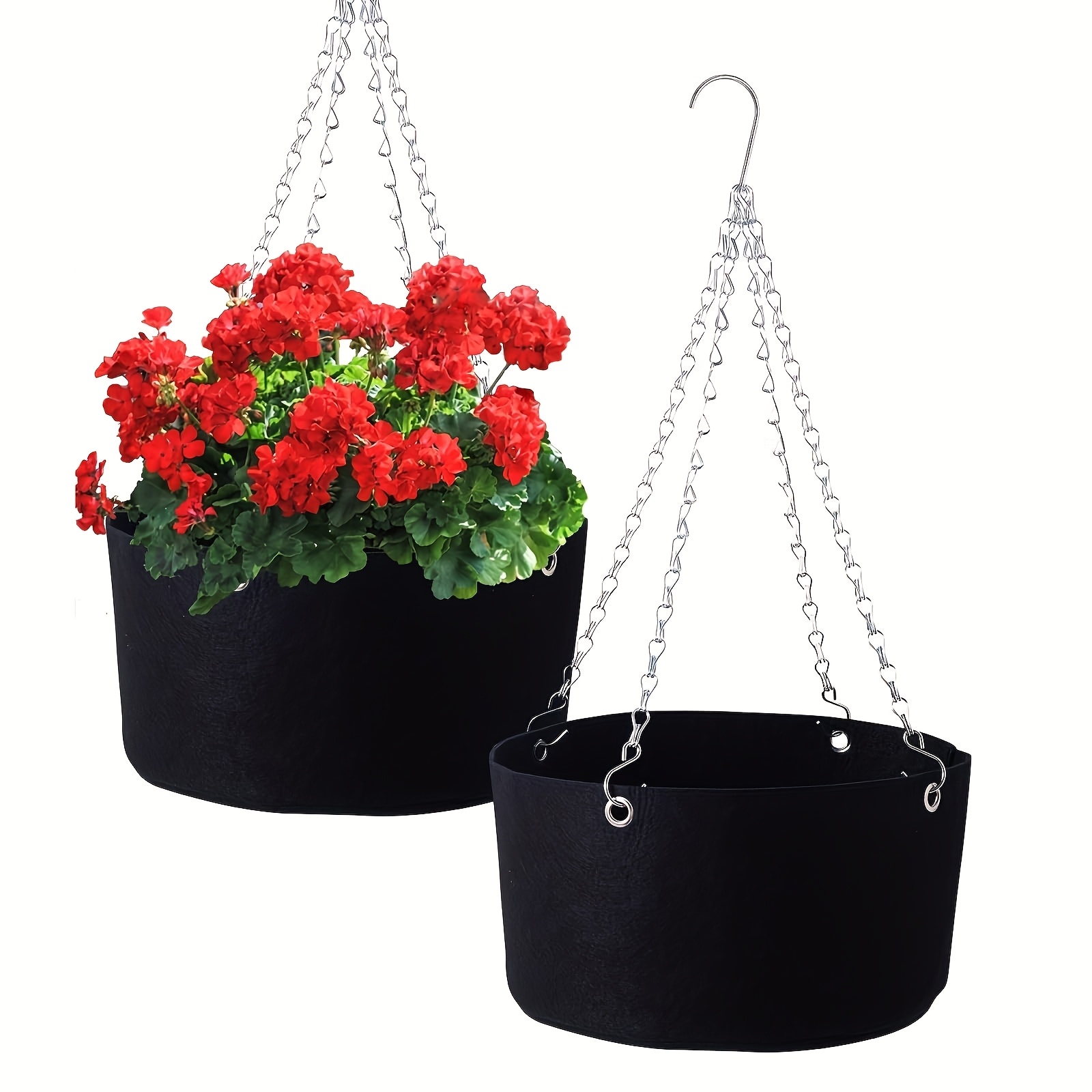 

2pcs 10" Round Hanging Planter Baskets, Non-woven Fabric Flower Pots, Lightweight, Outdoor Planters With Plant Stand, With Metal Chains And Hooks, For Porch, Balcony, Garden Decor