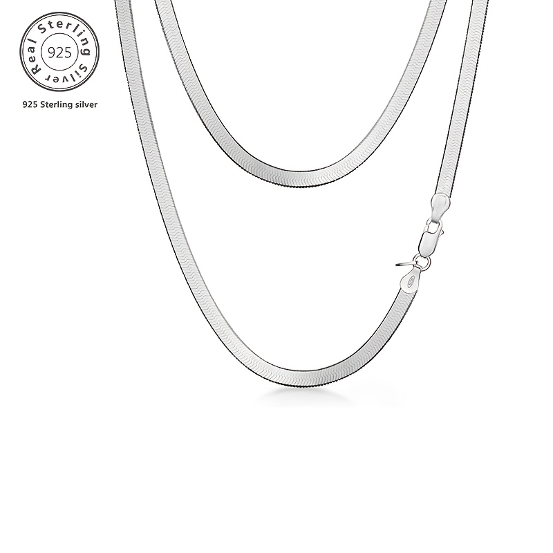 TEMU 2d Flat - 925 Sterling Hip Hop Flat Herringbone Necklace, Solid Cut 5mm Flat Herringbone Snake Necklace For Valentine's Day, Christmas,