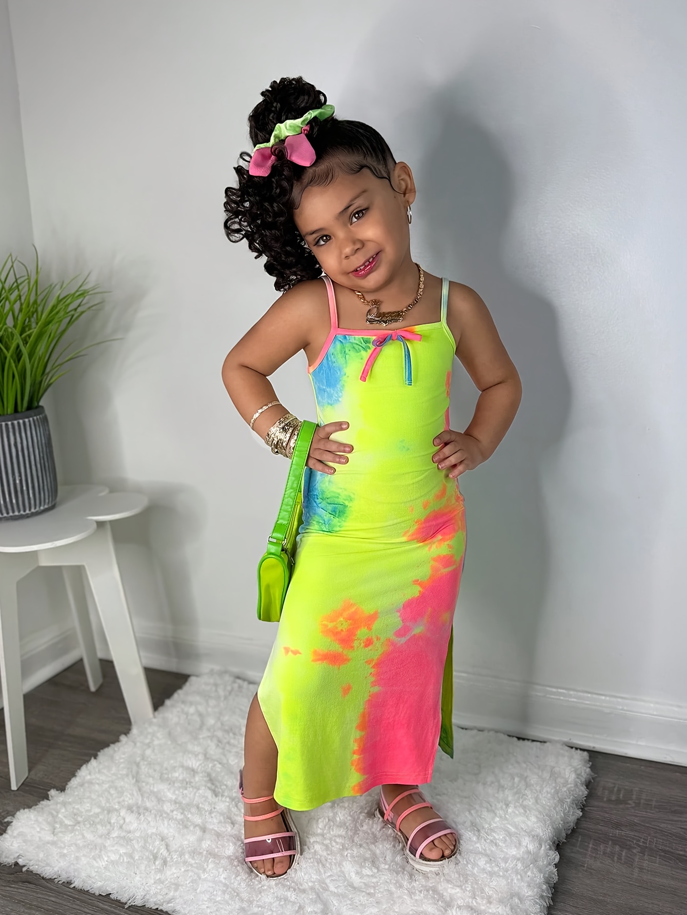 Girls' Tie-Dye Camisole Sundress * 1-6, Street Style with Slit Hem,  Medium-Stretch Polyester Fiber, Random Print
