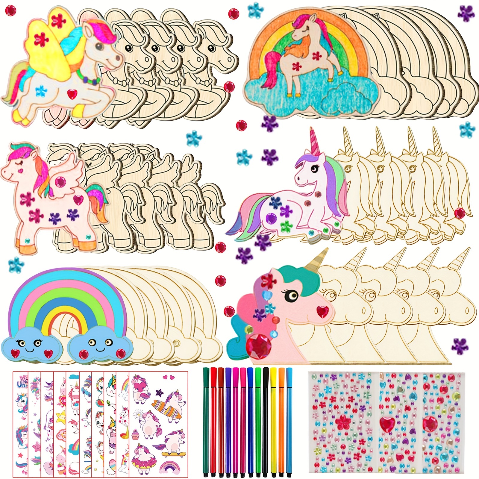 

35pcs Craft Set, Unicorn Craft Set, Birthday Craft, With 18 Pieces, 3 Rhinestones, 12 Color Pencils, 2 Stickers, Diy Craft Making