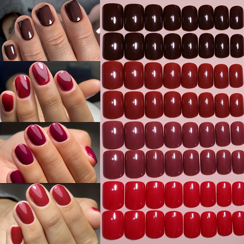 

96 Pcs Brown, Deep Red, Purple, Red, And Bright Red Square Short Press-on Artificial Nail Tips With Glossy Finish