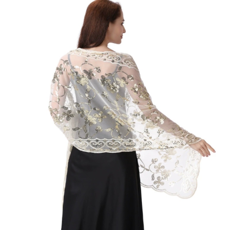 Sequin Floral Shawls and Wraps for Evening Dresses, Women Sparkly Sheer Mesh Wedding Shawls for Evening Party