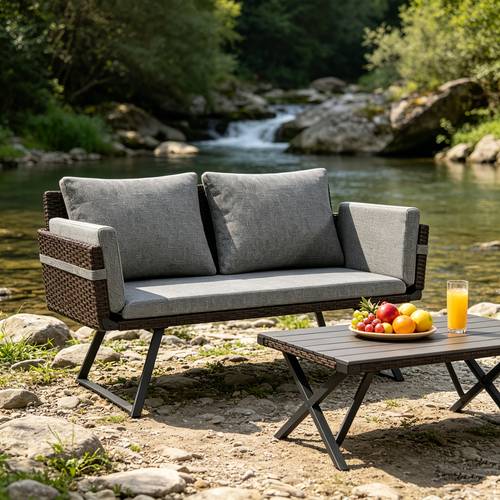 garden bench with cushions foldable 2 seater lounge beige rattan with reclining function up to 176cm adjustable armrests supports up to 200kg