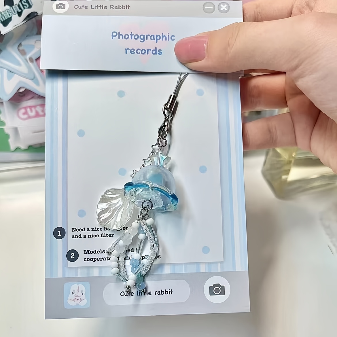 cute jellyfish phone charm sky blue plastic beaded keychain camera