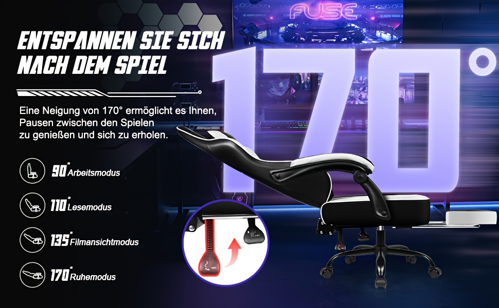 Gaming Chair with Footrest, Ergonomic Gaming Chair, Gaming Armchair with Adjustable Lumbar Cushion, Head Cushion, Height-adjustable And Swivel, PC Chair, Gaming Chair 200kg