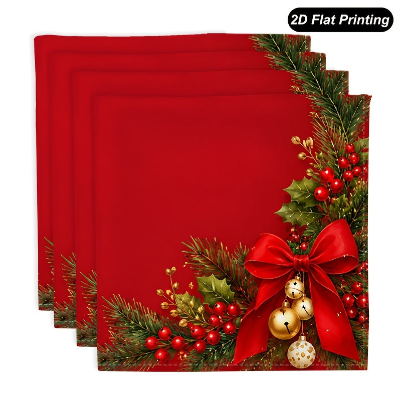 TEMU 4pcs Poinsettia Cloth Napkins Suitable For Holiday Parties, Reusable Soft Absorbent Square Dinner Napkins With Poinsettia Print, Suitable For
