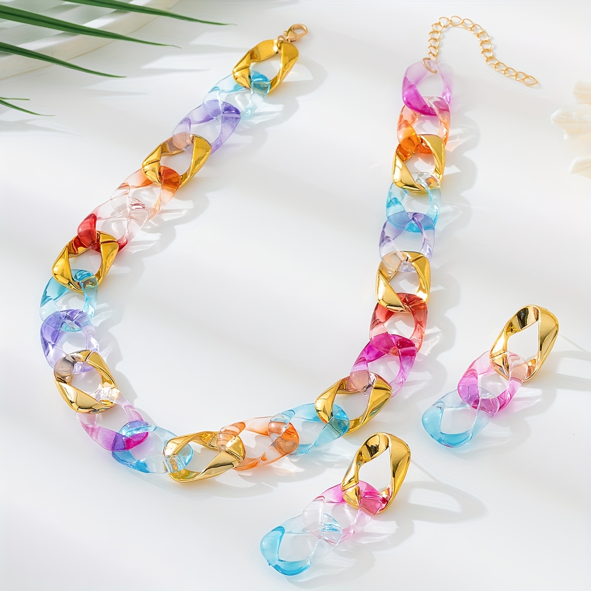 E-shop 3-teiliges modisches, vielseitiges, durchbrochenes CCB-Kubanisches Farbverlauf-Ketten-Uhrenschmuck, geeignet für Damen als Alltags- und