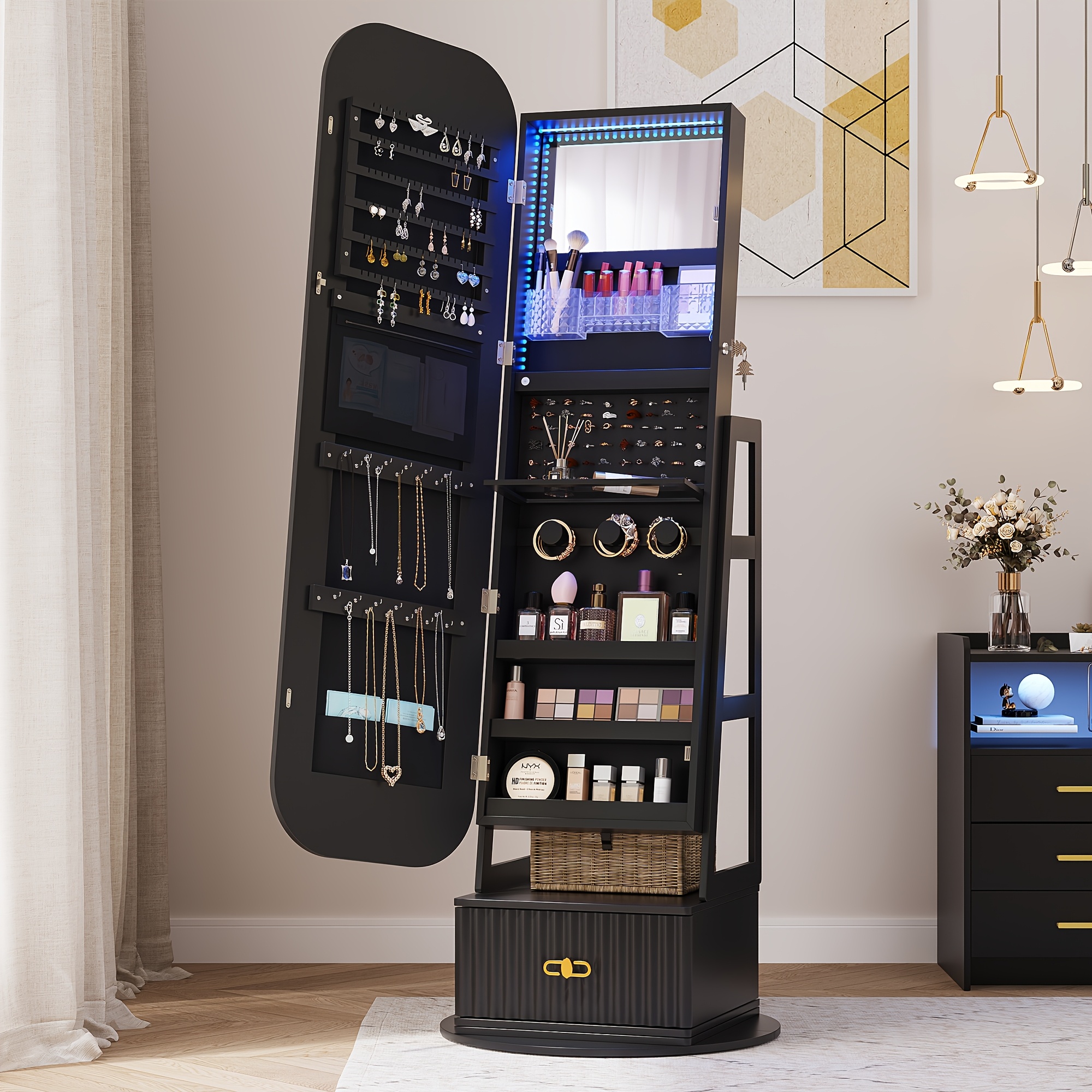 Lockable Vintage-Inspired 360° Swivel Jewelry Mirror Cabinet with Lights - Full Length Organizer with Storage Drawer for Bedroom Decor - Image 12
