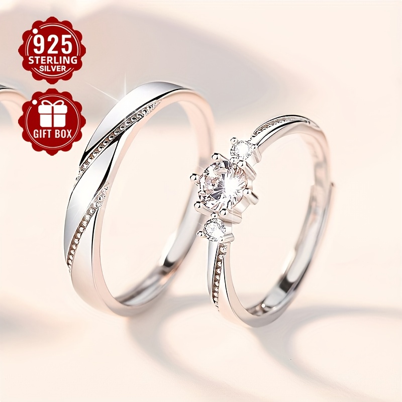 

Ensemble de 2 pièces en argent pur 925 avec synthétique, bague de couple coup de , ouvrable, 4.6g - convient pour de demande en mariage, d'