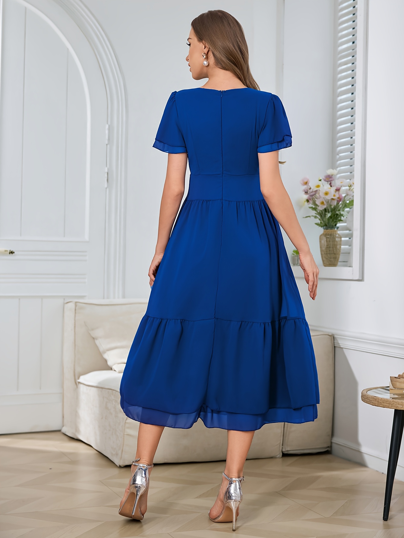 womens elegant a line dress round neck ruched waist solid - Temu