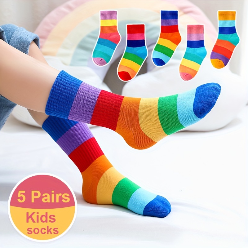 

Rainbow Pattern 5 Pairs Girls Mid Calf Socks, Comfy Breathable Sweat Resistant Anti-odor Socks For Spring Summer