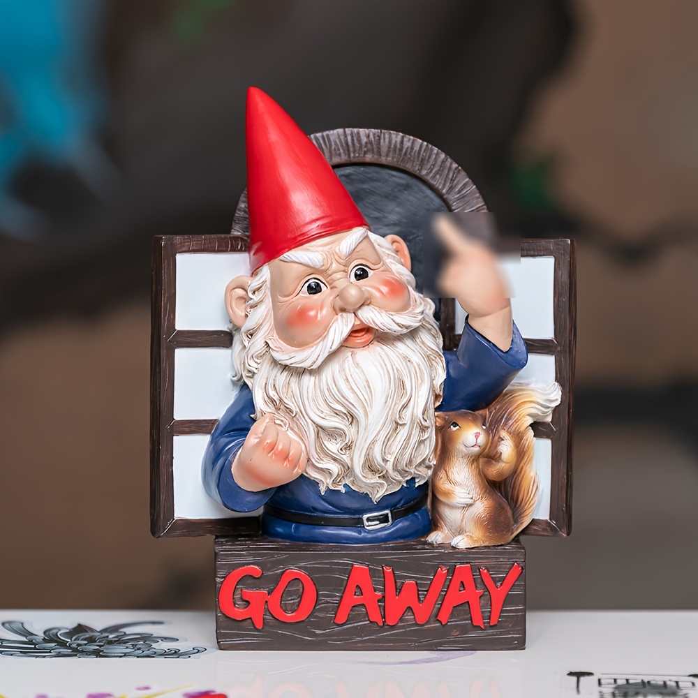 

Art Deco Garden Statue - Resin Dwarf Outdoor Figure With "go Away" Sign, Squirrel Accents - Halloween, Holiday Decor, No Electricity Or Battery Required