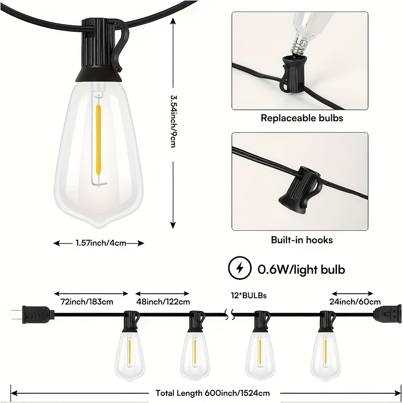 50-200 ft LED Outdoor String Lights with Shatterproof ST38 Edison Bulbs, E12 Socket, Black Wire, 2700K Dimmable Hanging Lights for Party and