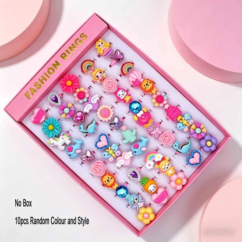 TEMU Kids Cute Cartoon Rings Set - 10pcs Random Color And Style Adjustable Jewelry For Girls, Unicorn/flower/animal Shaped Rings, Colorful Rings For