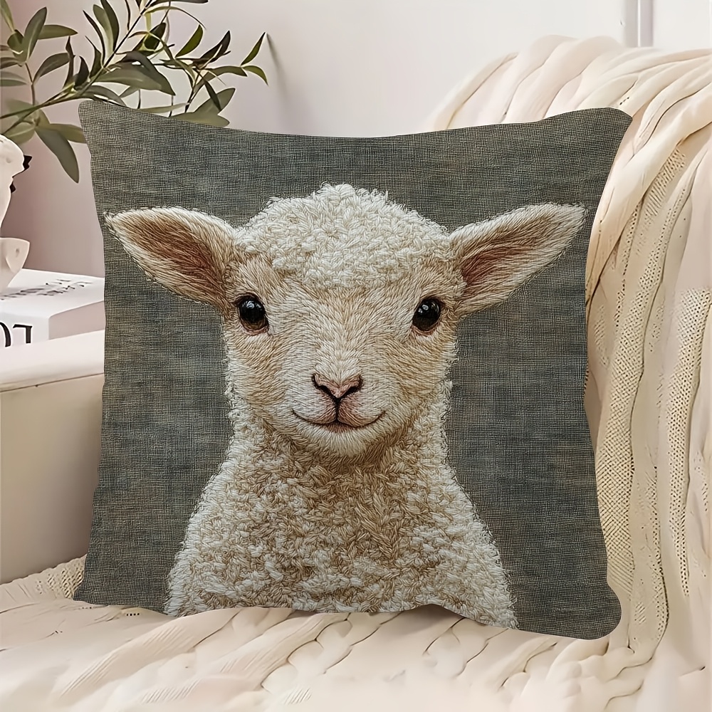 

1pc Adorable Farm Sheep Decorative Pillowcase - Cozy Short Plush, Vintage Style, 18x18 Inch, Double-sided Print, Soft Polyester, Zip Closure, Machine Washable - Room Types