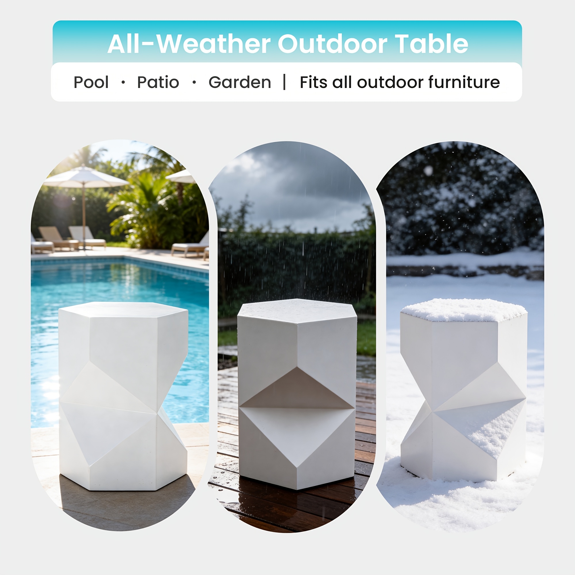 17.9” Modern Polygonal Magnesium Oxide Side Table - Space-Saving /Outdoor Accent Table with Polished Cement Top & Magnesium Frame, Suitable for Living Room, Bedroom, Balcony - White/Black/Grey Geometric End Table or Plant Stand