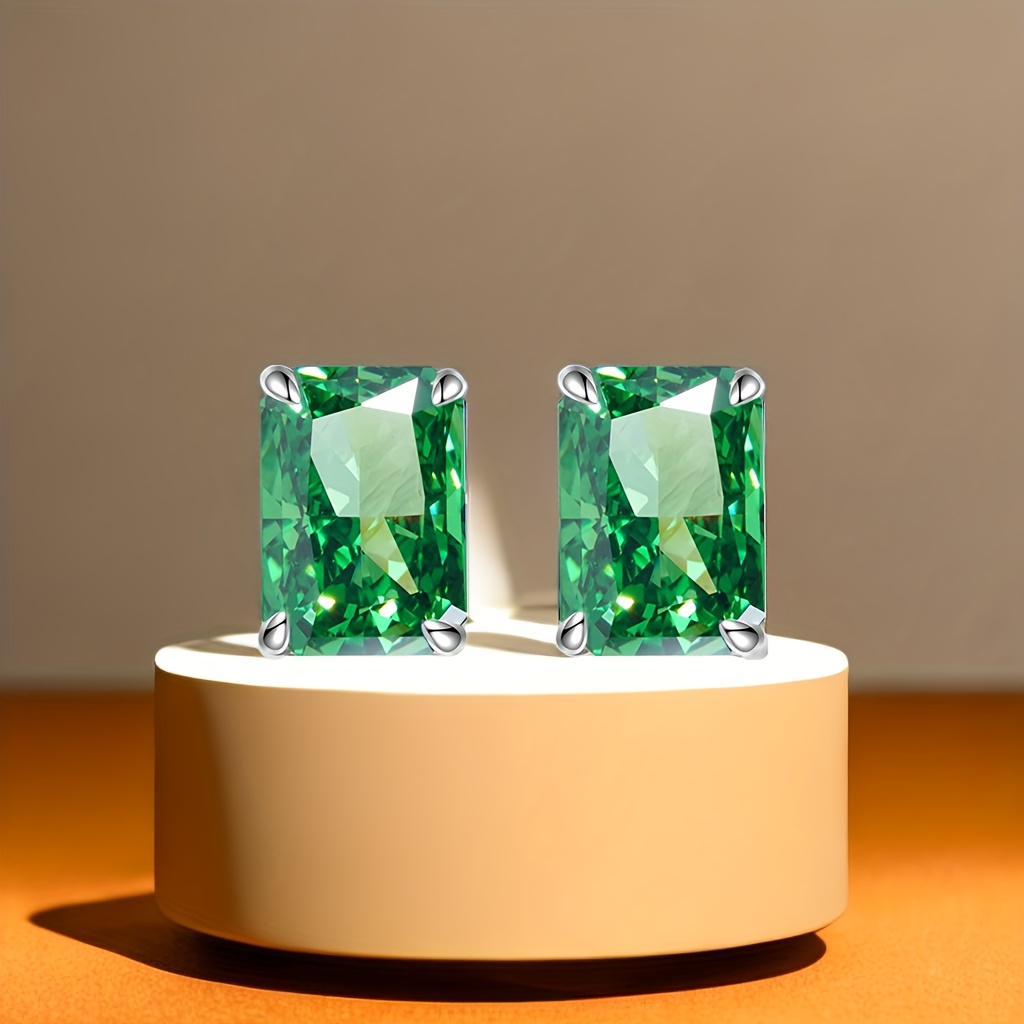 925 sterling silvery stud earrings 8 carat emerald green cubic zirconia sparkle ice cut   elegant fashion style for women details 0